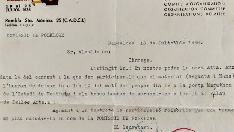 Carta de la Comissió de Folklore de l'Olimpíada Popular, en què acceptava la  participació folklòrica dels gegants i nans targarins a la inauguració de l'Olimpíada Popular del dia 19 de juliol de 1936