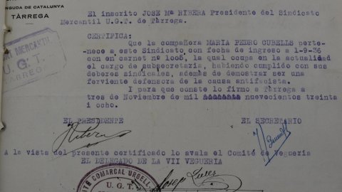 Certificat emès per Josep Maria Ribera, president de la UGT de Tàrrega, a Maria Pedró, que fou utilitzat com a prova del delicte de ser antifeixista. Foto: Archivo Militar Tercero de Barcelona