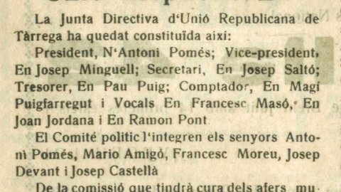 Notícia de la 'Crònica targarina' del 3 de febrer de 1934. En Josep Saltó Rubiol secretari de la Junta Directiva d'Unió Republicana de Tàrrega