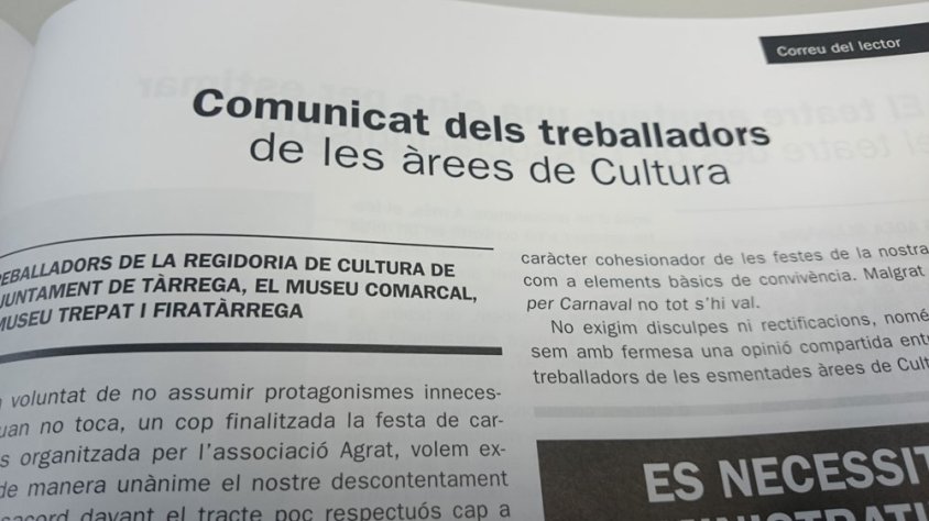 La 'Nova Tàrrega' d'aquesta setmana publica el comunicat íntegre dels treballadors de l'Àrea de Cultura