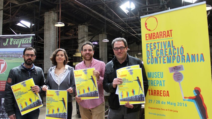 Presentació del 3r Embarrat amb el regidor de Cultura, Raül Palacios; els directors del festival, Jesús Vilamajó i Natàlia Lloreta; i el director del Museu Cal Trepat, Jaume Espinagosa