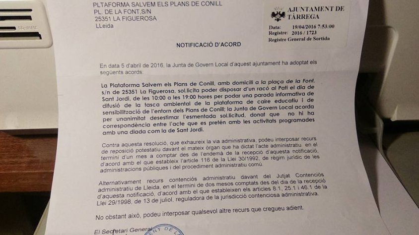 Imatge de la notificació que va rebre la plataforma