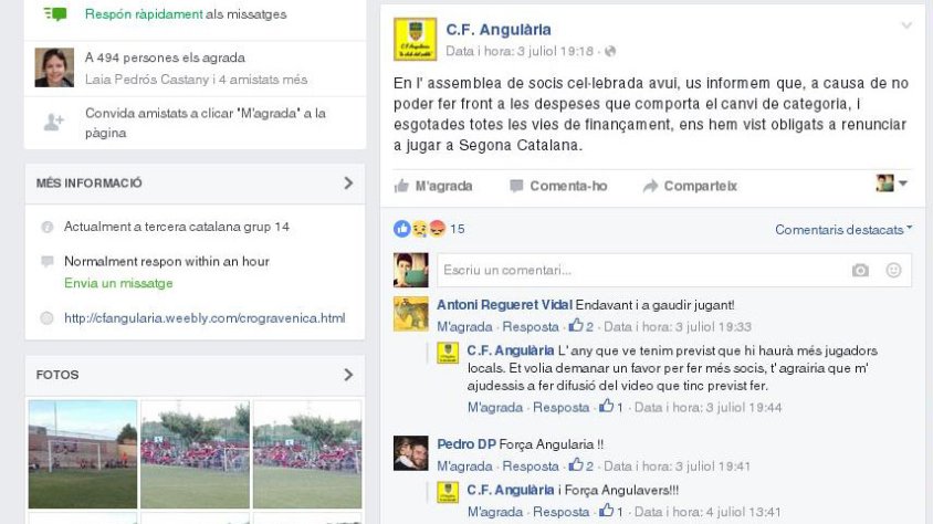 L'equip ha fet públic la notícia en un post a la seva pàgina de Facebook