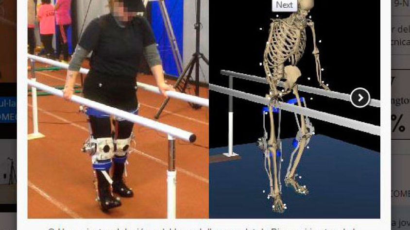Un pacient amb lesió medul·lar amb l'exosquelet de Biomec i imatge de la simulació per ordinador del moviment