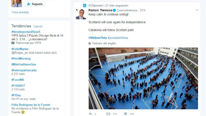 Captura de les piulades més populars de les darreres hores amb l'etiqueta #9Nsomtots