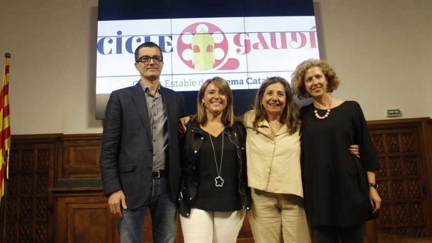Pere Aumedes, Rosa Pujol, Isona Passola i Anna Masip, coordinadora del cicle "Gaudí al Territori"