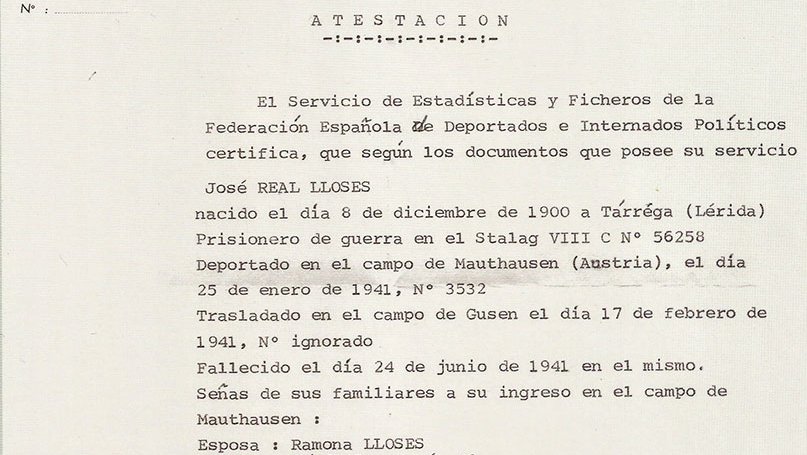Document acreditatiu de la mort a Gusen de Josep Real Lloses