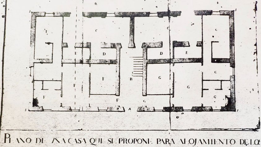 Plànol del Pavelló d'Oficials de Pati de l'any 1761. "Plano de una casa que se propone para alojamiento de los oficiales correspondientes a un esquadron de cavalleria en la Villa de Tarraga"