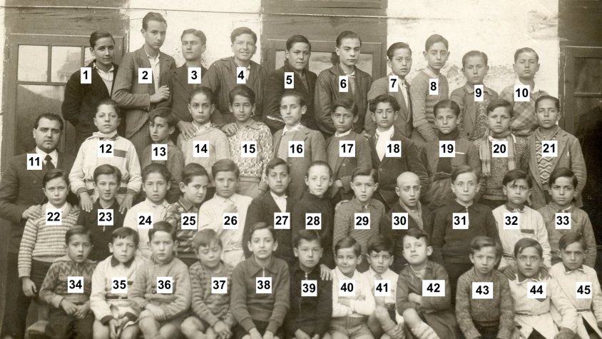  Alumnes de l'Acadèmia Comercial. Març de 1935. 1: Ricard Palou Vilalta. 2: Antoni Porta Corbella. 3: Sisquella. 4: Llorenç Comenge. 5: Pujol. 6: Jordi Eroles. 7: Josep Clavé. 8: Ramon Mill Tàcies. 9: Sebastià Fauró. 10: Valltondre. 11: Lluís Plassa Estr