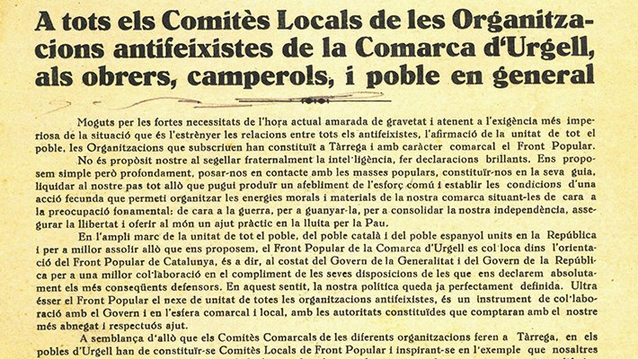 Cartell del ban - manifest del Front Popular de l'Urgell. Maig - Juny de 1938