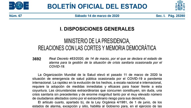 BOE amb la publicació del Decret de l'estat d'alarma