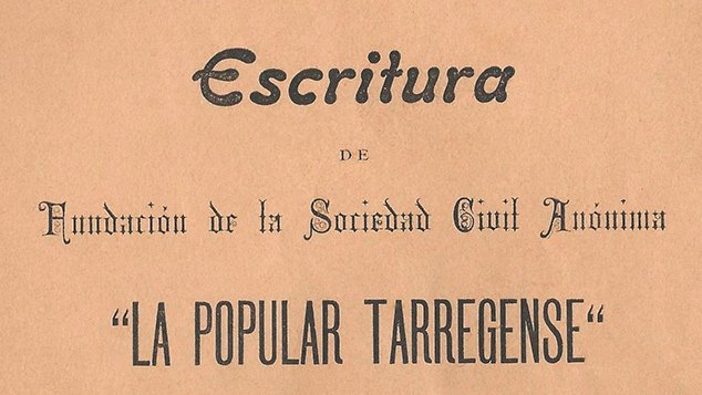 Coberta de l'imprès reproduint l'escriptura fundacional de la companyia