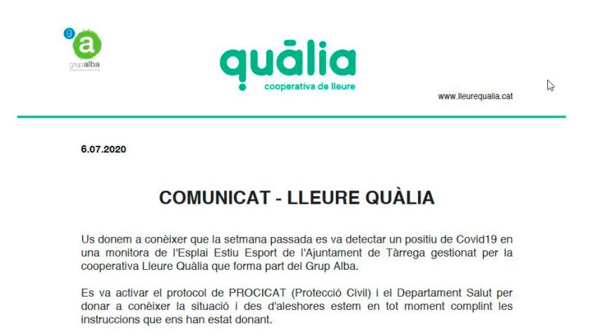 Dilluns Quàlia va emetre un comunicat informant del cas de la monitora que havia donat positiu
