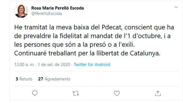 La piulada que va fer ahir al vespre Rosa Perelló per anunciar la seva decisió