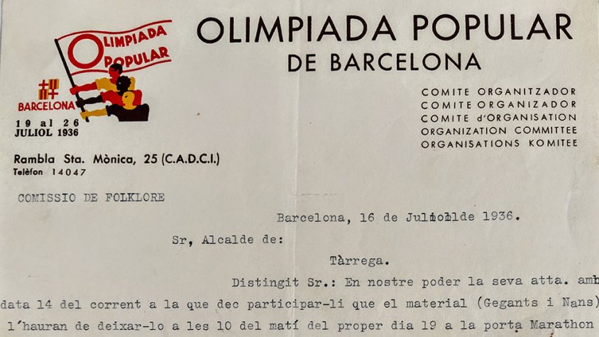 Carta de la Comissió de Folklore de l'Olimpíada Popular, en què acceptava la participació folklòrica dels gegants i nans targarins a la inauguració de l'Olimpíada Popular del dia 19 de juliol de 1936