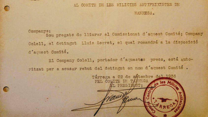 Document del prec del comitè targarí al comitè de Manresa, en què demana el lliurament de mossèn Lluís Serret. Setembre de 1936