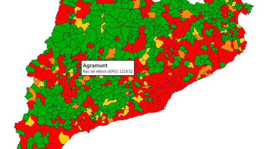 El mapa que mostra el risc de rebrot per municipis amb Agramunt marcat