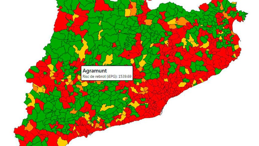 Mapa del portal Dadecovid.cat on es mostra el perill de rebrot que té avui Agramunt