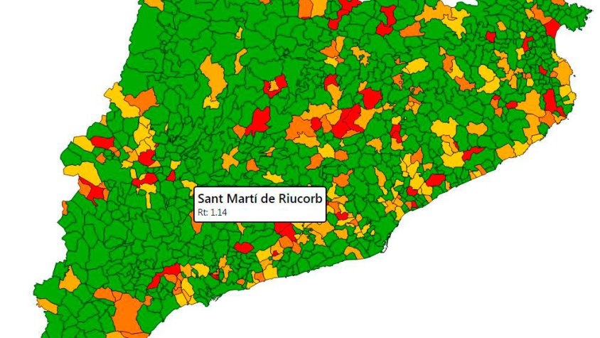 El mapa que mostra la Rt d'aquest dimecres