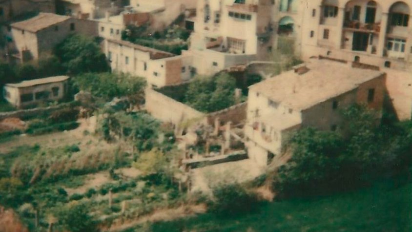 Panoràmica aèria d'un sembrat, horts i cases amb accés des del carrer Vilanova, anys setanta
