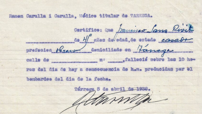 Certificat de defunció de Francesc Sans, víctima del bombardeig. Emès pel Doctor Carulla