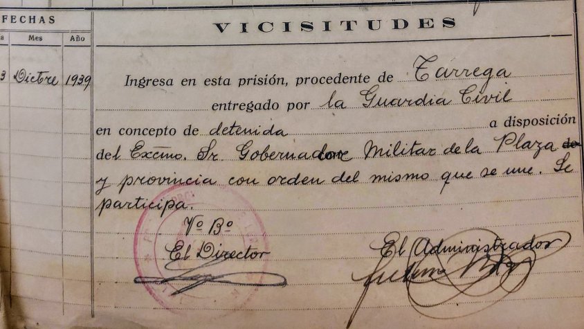 Document d'ingrés a la presó de Lleida de Maria Castellà. 23 de desembre de 1939