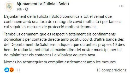 El post que l'ajuntament va compartir ahir a Facebook