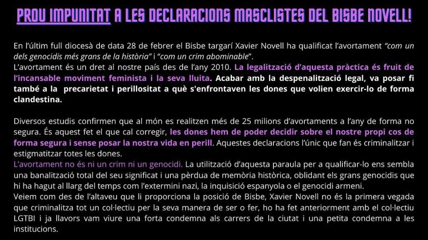 El comunicat que una desena d'entitats feministes van compartir ahir a les xarxes