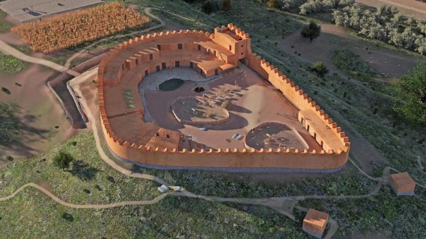 Recreació d'una vista aèria emmarcada en el paisatge i de la construcció principal del poblat ibèric dels Estinclells de Verdú, obra de Jaume Font Queraltó