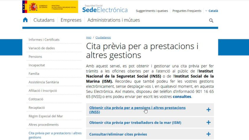 Pàgina web de l'INSS