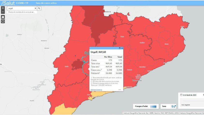El mapa amb els casos actius a l'Urgell