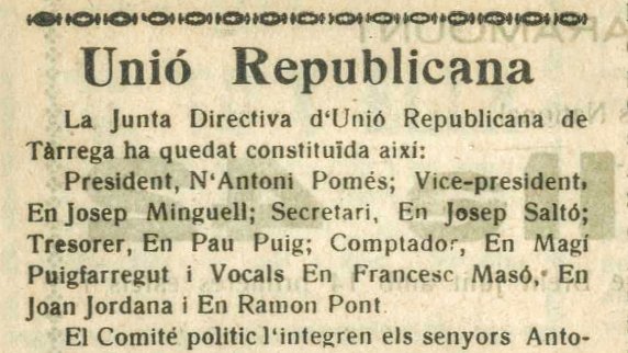 Notícia de la 'Crònica targarina' del 3 de febrer de 1934. En Josep Saltó Rubiol secretari de la Junta Directiva d'Unió Republicana de Tàrrega