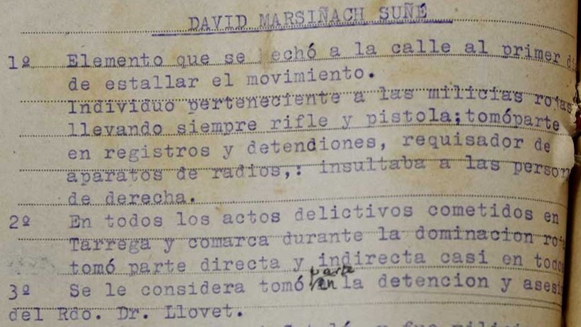 Informe del cap de la Falange de Tàrrega sobre en David Marsinyach Sunyer. 9 de maig de 1939