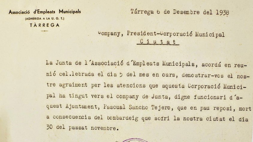 Escrit de l'Associació d'Empleats Municipals del dia 5 de desembre de 1938