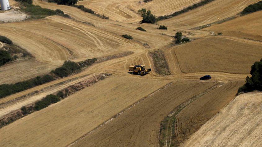 Vista aèria d'una màquina segant a l'Urgell