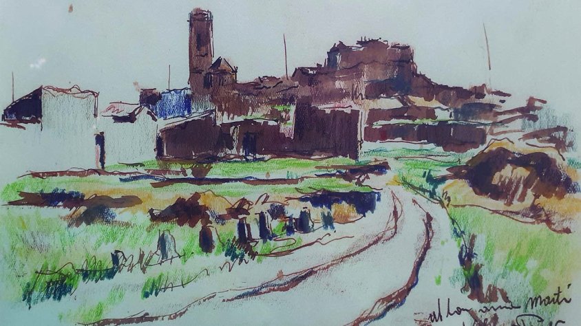 Aquarel·la de Vila-Puig amb una panoràmica de Tàrrega