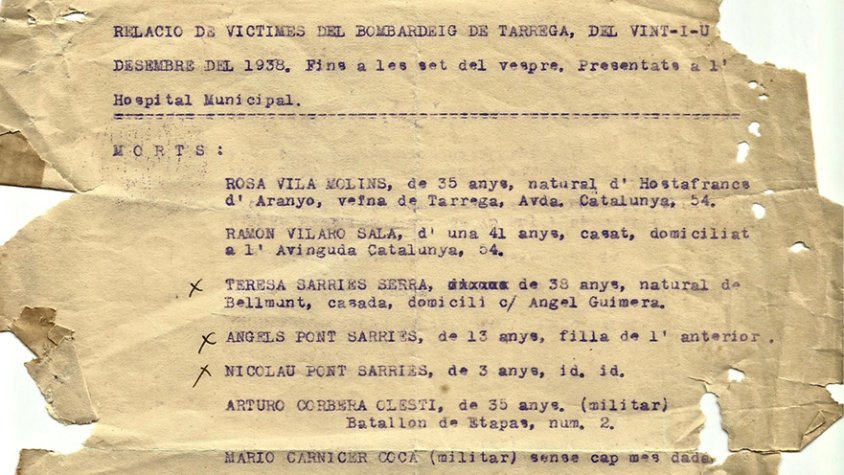  Relació de víctimes del bombardeig de Tàrrega, del 21 de desembre de 1938. Fins a les set del vespre, presentats a l'Hospital Municipal. Segell de la Conselleria de Sanitat i d'Assistència Social de l'Ajuntament de Tàrrega