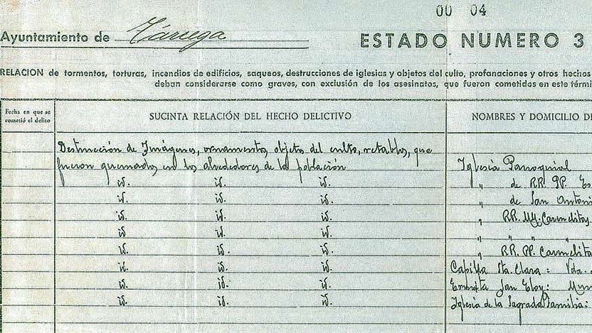 Informe fet l'any 1941 per l'ajuntament de Tàrrega, de relació de béns religiosos destruïts. A la dreta, la relació de noms del 'Comité revolucionario' i de l'ajuntament del juliol de 1936