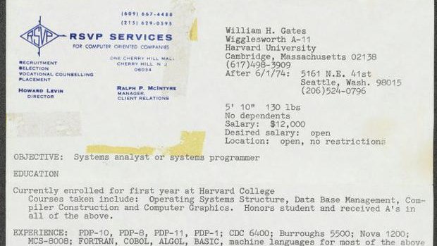 Currículum de Bill Gates quan tenia 18 anys