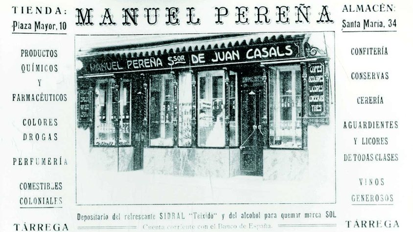 Anunci de l'establiment de Manuel Perenya i Reixachs a la plaça Major de Tàrrega (aprox. 1915)