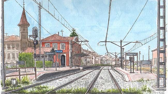 Dibuix de l'estació de tren de Tàrrega, l'any 2019