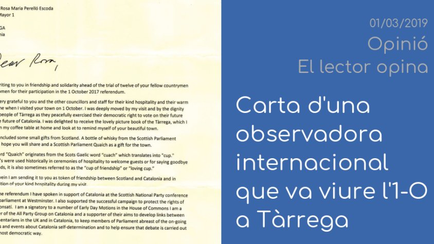Reproduïm la carta que ha enviat una observadora internacional que va viure l'1-O a Tàrrega a l'alcaldessa a 'Opinió'