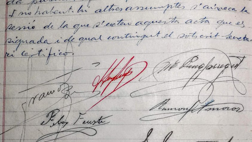  Rúbrica de la darrera acta municipal de la Tàrrega Republicana. L'alcalde en Joan Sasplugas i Arqués, com a màxima autoritat targarina, dóna testimoni de la seva militància comunista i republicana, signant l'acta en tinta vermella