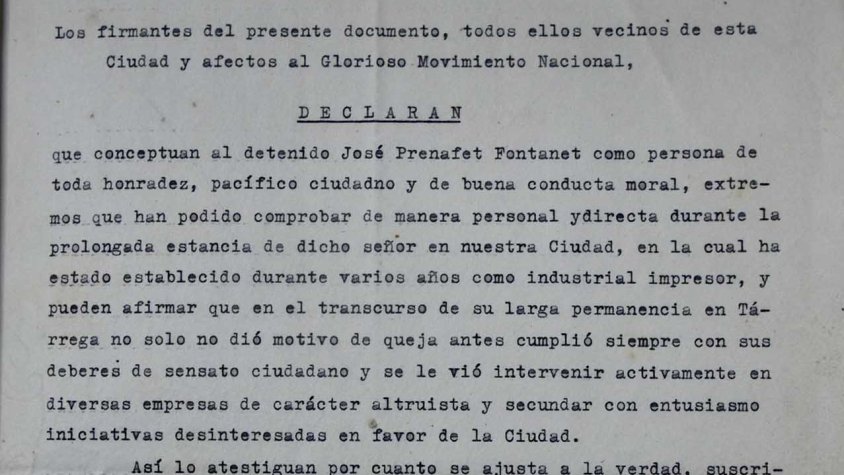 Document signat per 12 targarins que confirmen la bona actuació ciutadana de Josep Prenafeta a Tàrrega