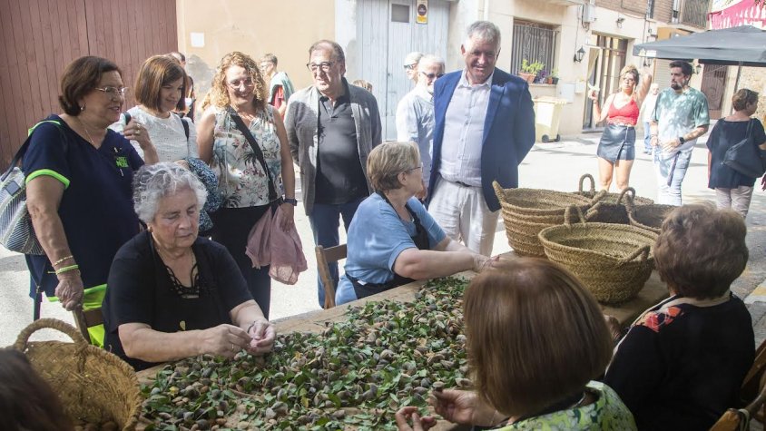Demostració d’esquitllar ametlles a mà amb un grup de dones de Vilagrassa