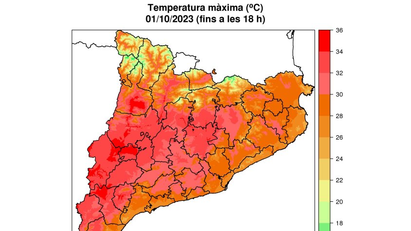 Mapa amb temperatura màxima ahir a les 18h