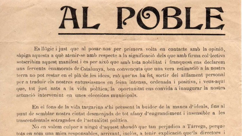 Reproducció del manifest de la candidatura nacionalista targarina, que el novembre del 1917 guanyà les municipals a Tàrrega