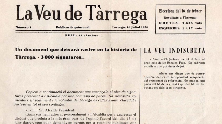 Portada de 'La Veu de Tàrrega'. 16 de juliol de 1936
