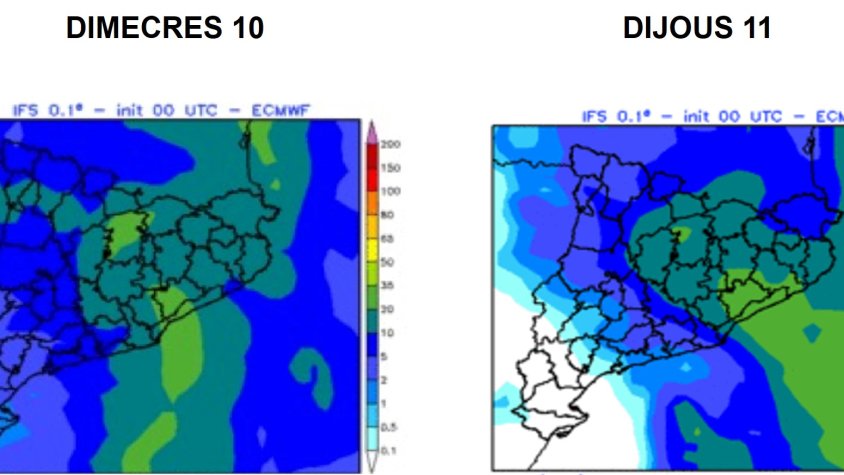 Mapes previstos pel model ECMWF de pluja acumulada per dimecres 10 (esquerra) i dijous 11 (dreta)