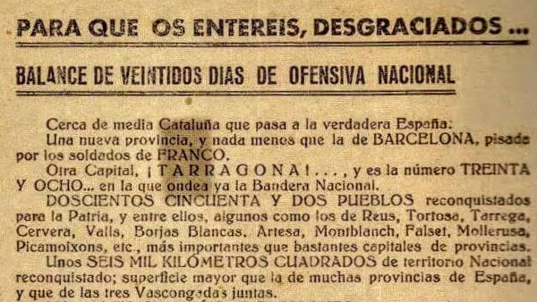 Pamflet catalanofòbic llençat pel servei de propaganda franquista en motiu de la conquesta de Tàrrega i d'altres poblacions el gener de 1939